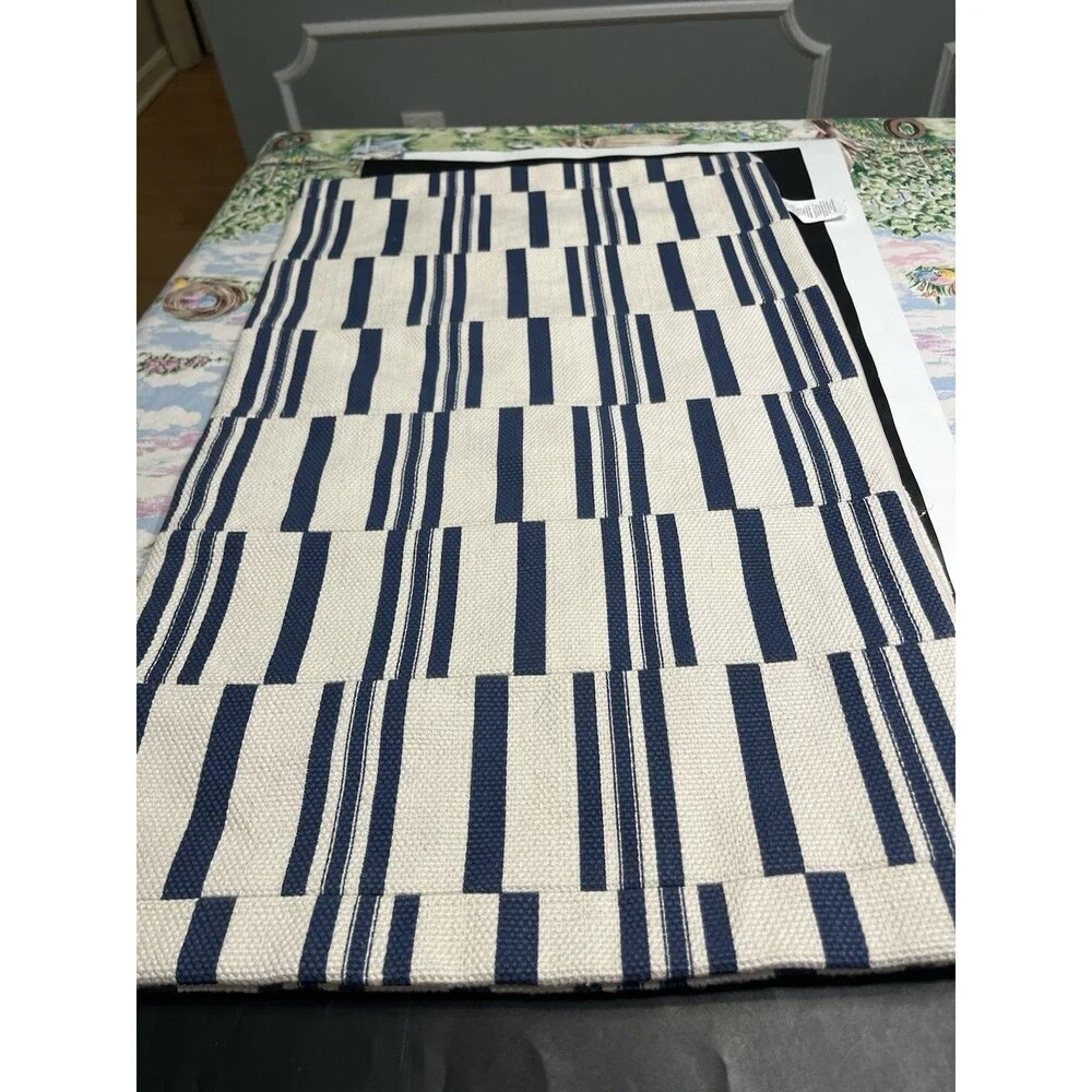 Pottery Barn Linen Cotton Blue White Off Striped Lumbar Pillow Cover 16x26”